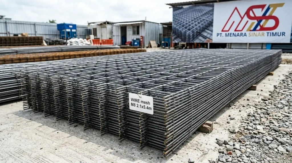Tumpukan lembaran wiremesh baja dengan anyaman kotak-kotak tersusun mendatar di area lokasi proyek konstruksi