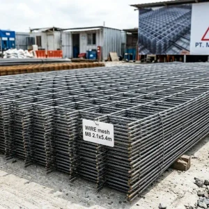 Tumpukan lembaran wiremesh baja dengan anyaman kotak-kotak tersusun mendatar di area lokasi proyek konstruksi