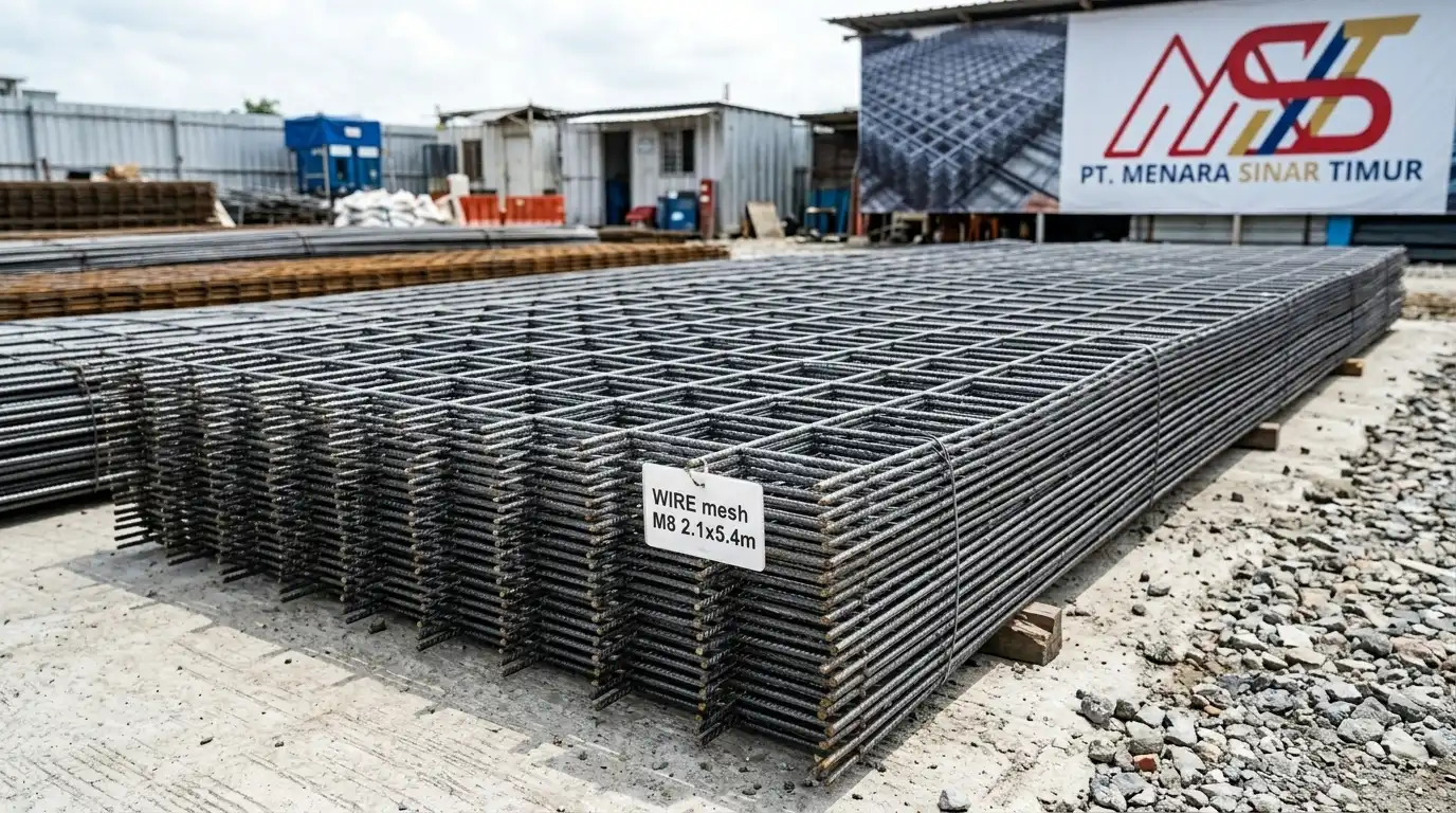 Tumpukan lembaran wiremesh baja dengan anyaman kotak-kotak tersusun mendatar di area lokasi proyek konstruksi