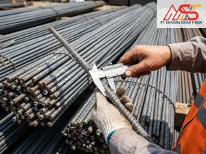 Petugas proyek mengukur diameter batang besi beton ulir menggunakan jangka sorong di depan tumpukan besi beton