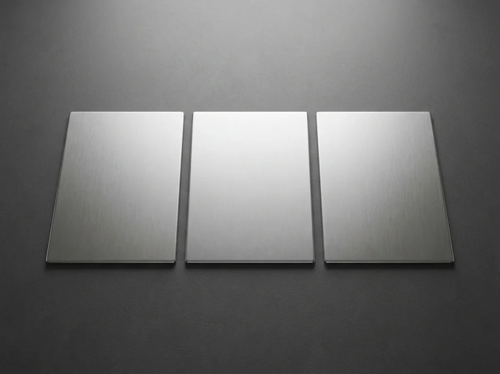 Tiga potongan pelat stainless steel dengan permukaan brushed disusun berdampingan di atas permukaan gelap