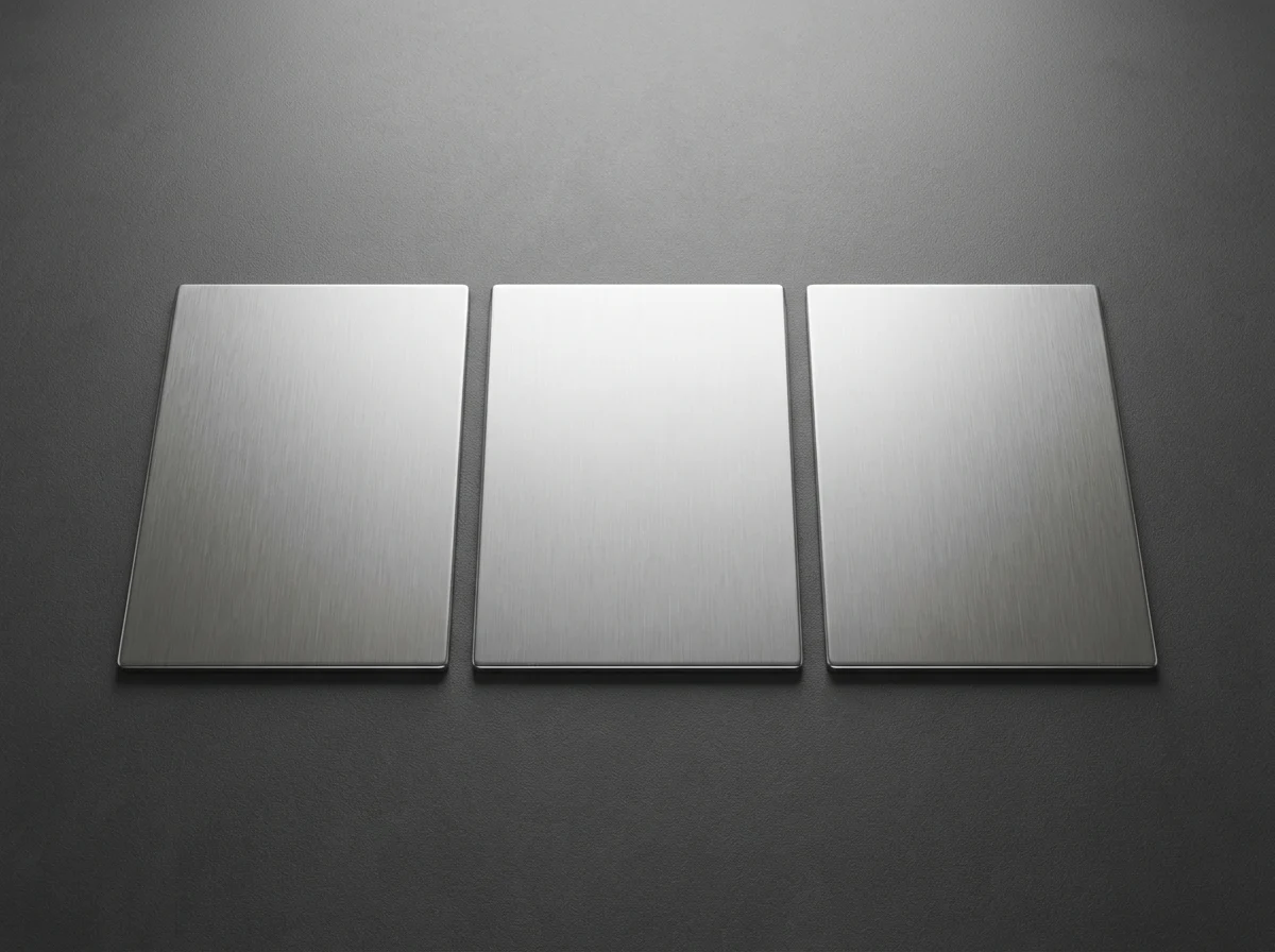 Tiga potongan pelat stainless steel dengan permukaan brushed disusun berdampingan di atas permukaan gelap