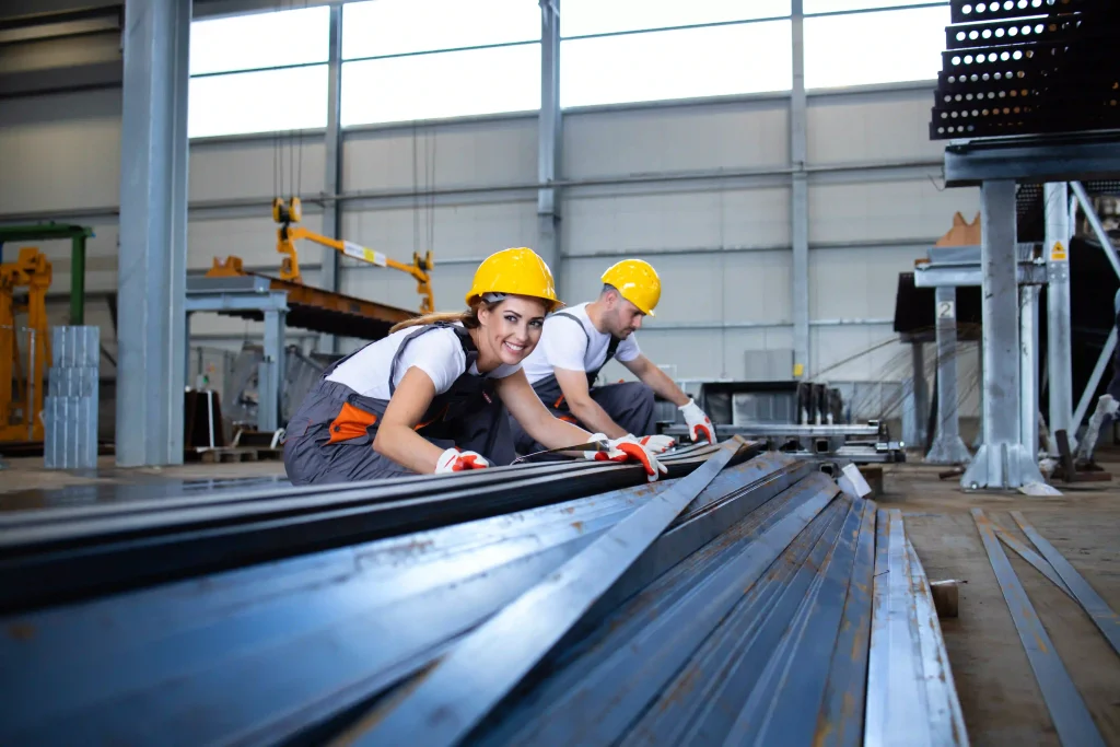 Two industrial workers wearing yellow safety helmets and gloves inspecting metal steel bars inside a factory hall.