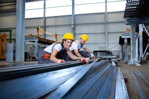 Two industrial workers wearing yellow safety helmets and gloves inspecting metal steel bars inside a factory hall.