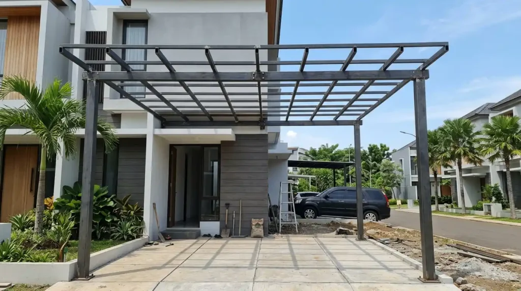 Rangka kanopi dari besi hollow sebelum dipasang atap